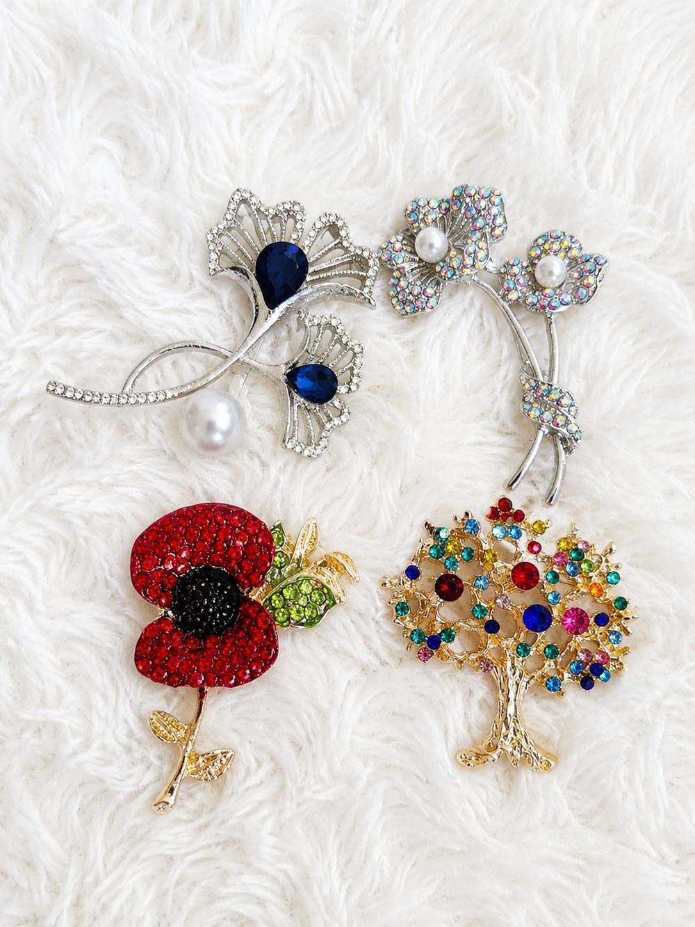 4pc Rhinestone Brooch Set Floral Pearl Poppy Tree of Life Elegant Jewelry